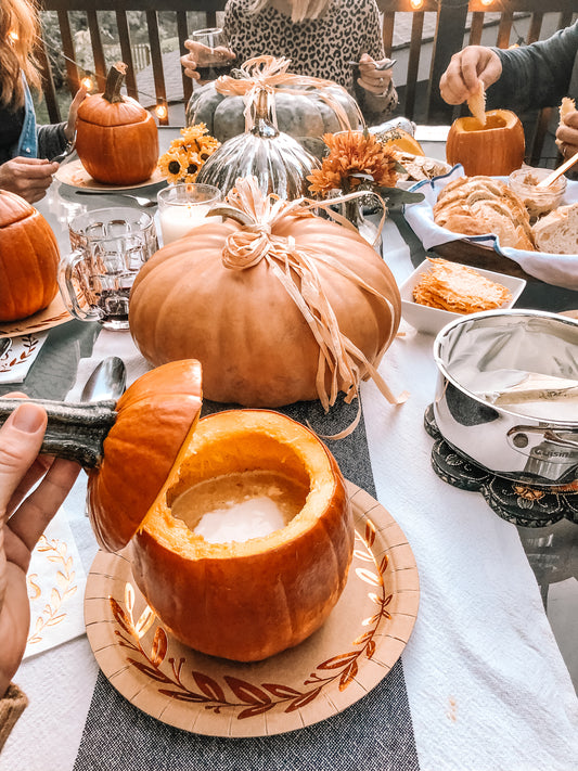 Pumpkin Soup in Roasted Pumpkins with Parmesan Crisps & Apple Cider