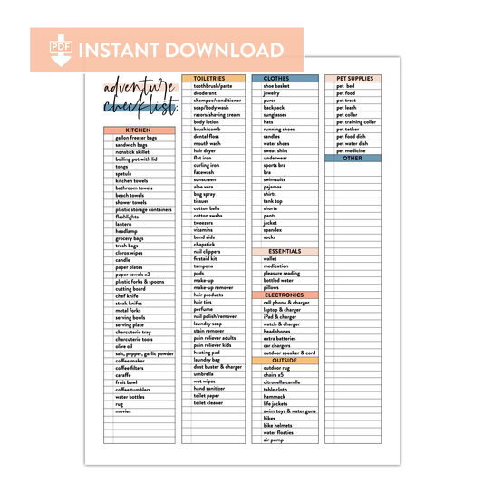 Camping Adventure Checklist - Instant Download