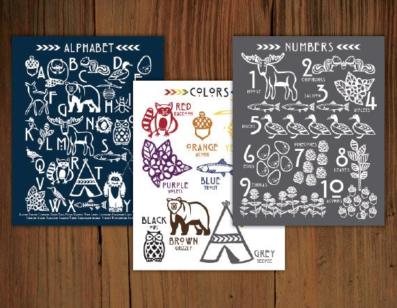 Woodland Alphabet, Color & Number Poster Prints (8"x10")