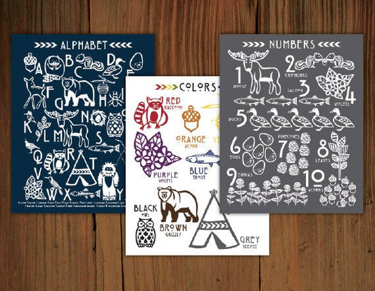 Woodland Alphabet, Color & Number Poster Prints (8"x10")