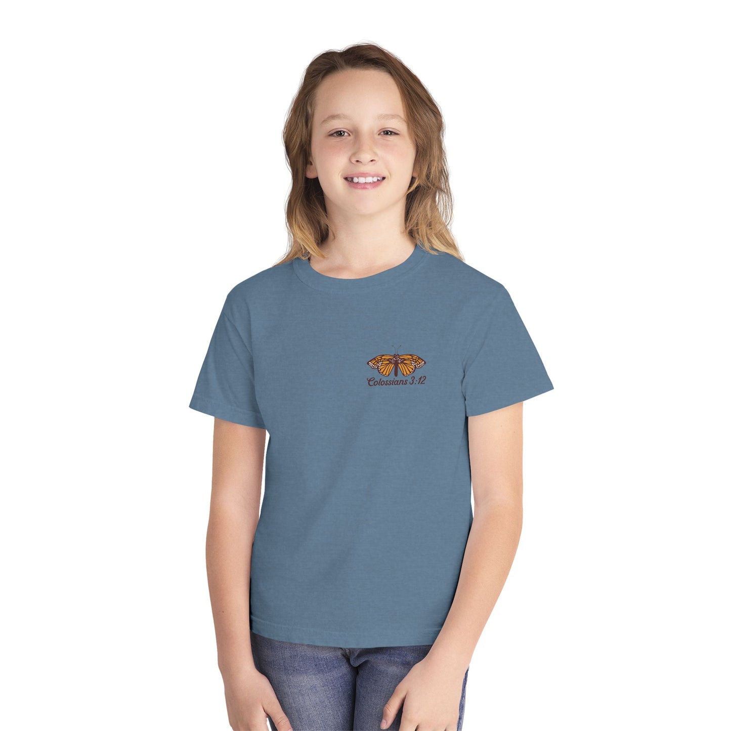 Youth Tee — Colossians 3:12 Butterfly Blue Florals Inspirational Tee