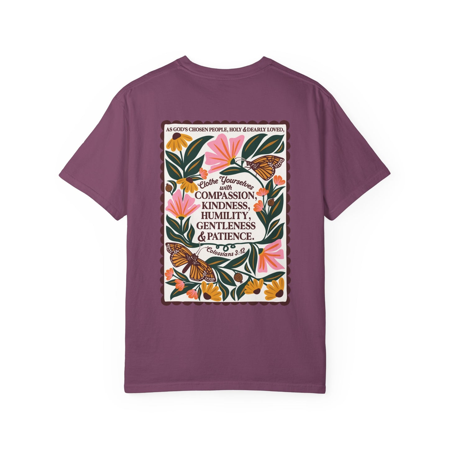 Scripture Butterfly T-Shirt — Colossians 3:12 Inspirational Floral Tee