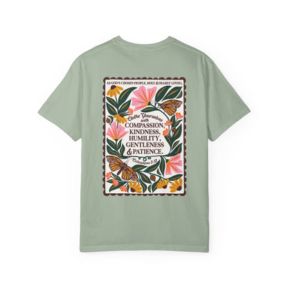 Scripture Butterfly T-Shirt — Colossians 3:12 Inspirational Floral Tee
