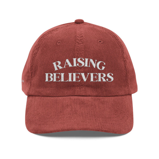 Vintage Corduroy Cap — "Raising Believers" Embroidered Christian Baseball Hat