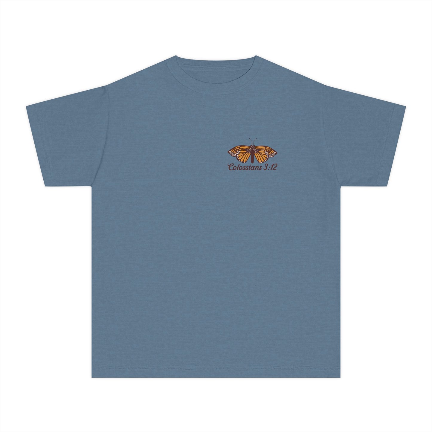 Youth Tee — Colossians 3:12 Butterfly Blue Florals Inspirational Tee