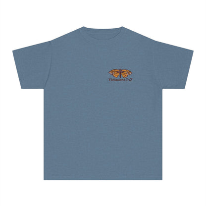 Youth Tee — Colossians 3:12 Butterfly Blue Florals Inspirational Tee