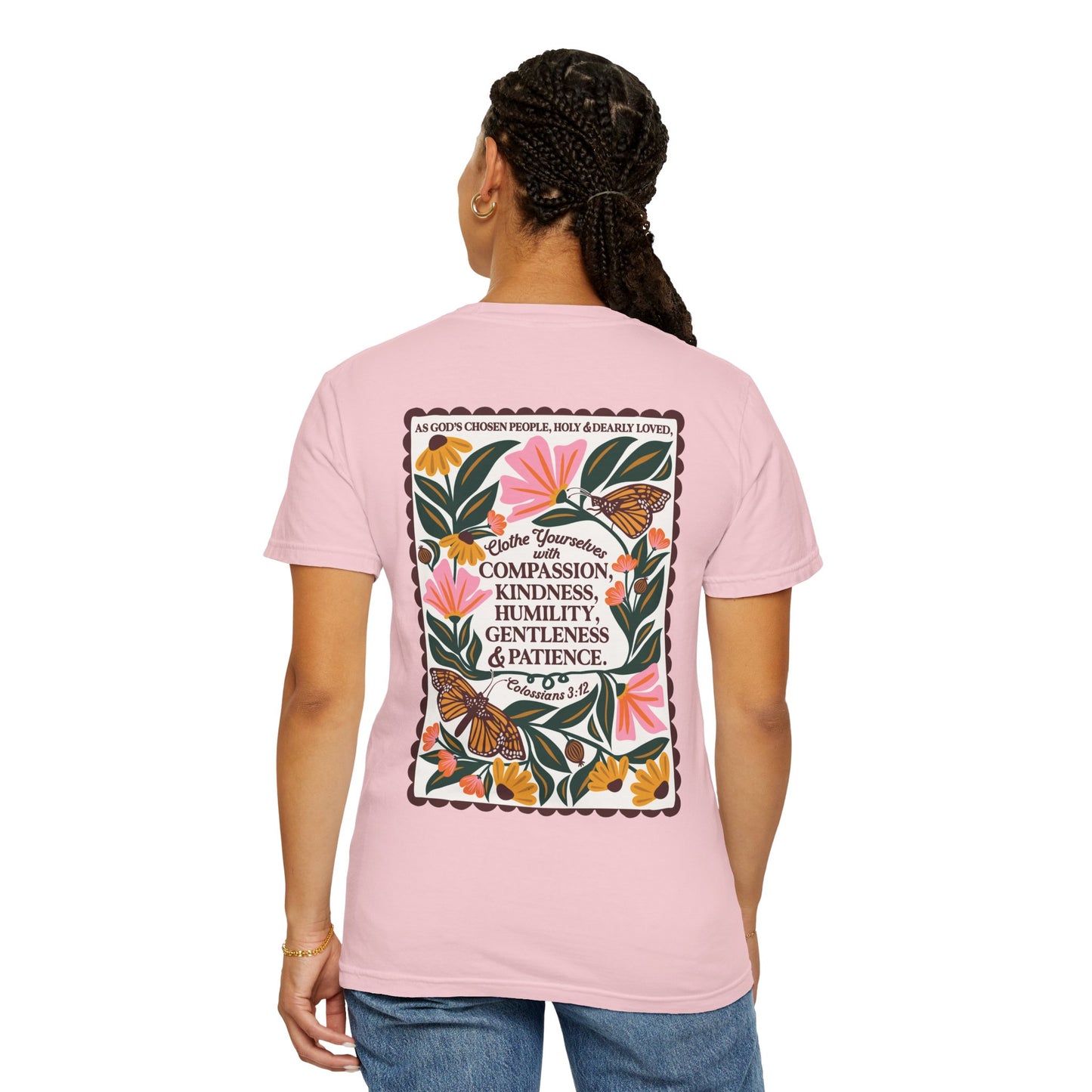 Scripture Butterfly T-Shirt — Colossians 3:12 Inspirational Floral Tee