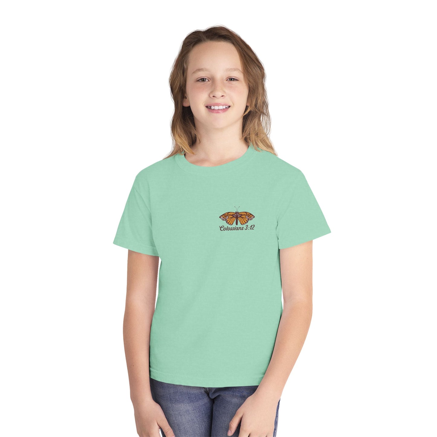 Youth Tee — Colossians 3:12 Butterfly Floral Inspirational Tee
