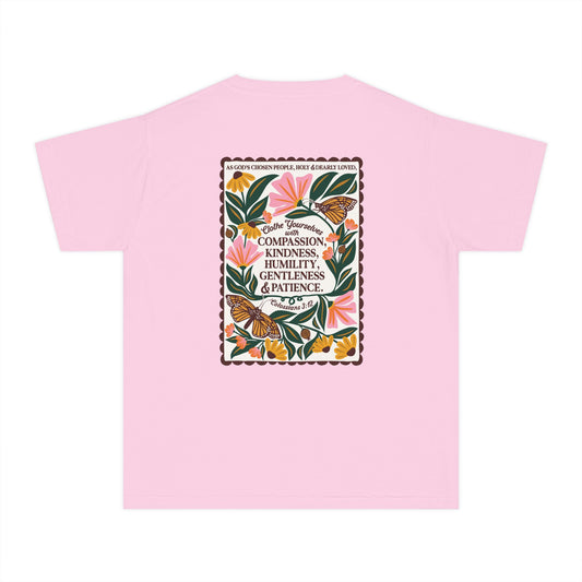 Youth Tee — Colossians 3:12 Butterfly Floral Inspirational Tee
