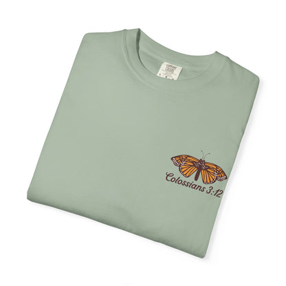 Scripture Butterfly T-Shirt — Colossians 3:12 Inspirational Blue Florals Tee