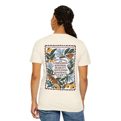 Scripture Butterfly T-Shirt — Colossians 3:12 Inspirational Blue Florals Tee