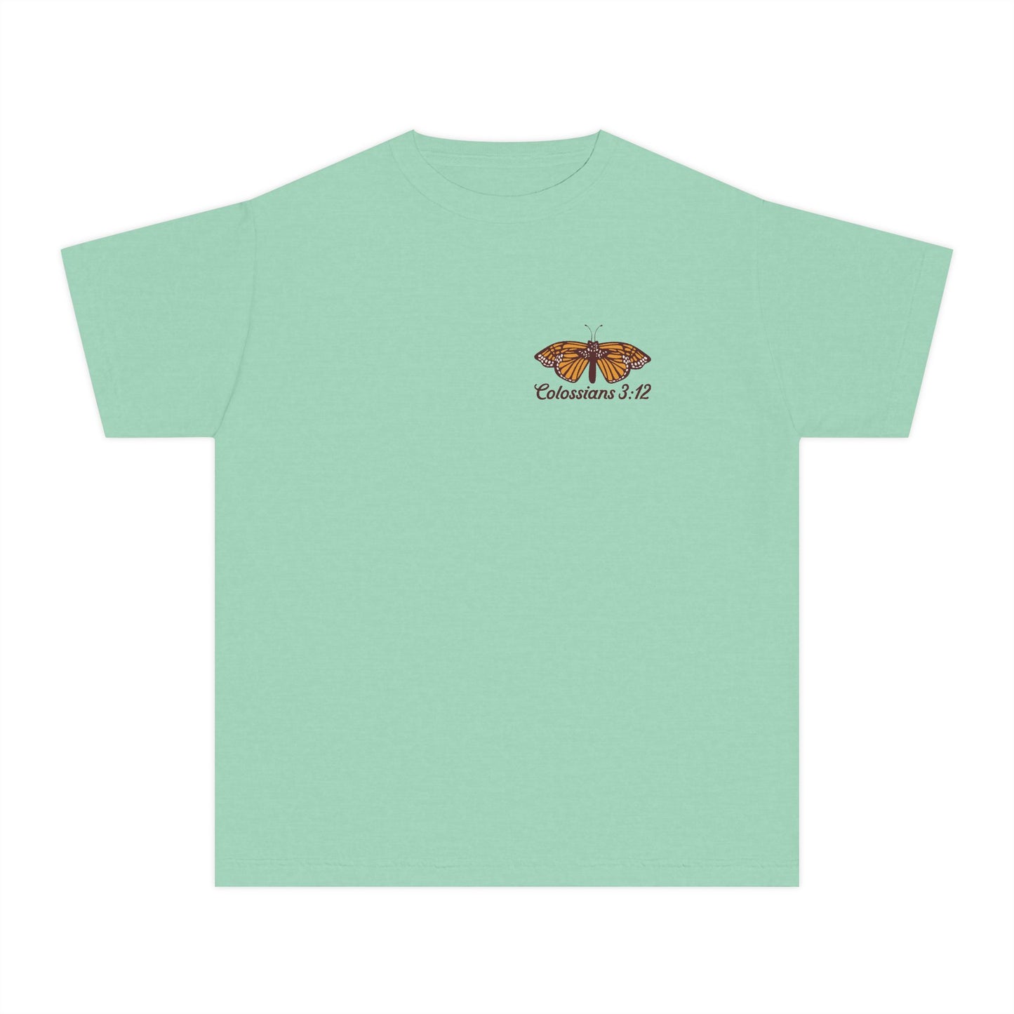 Youth Tee — Colossians 3:12 Butterfly Blue Florals Inspirational Tee