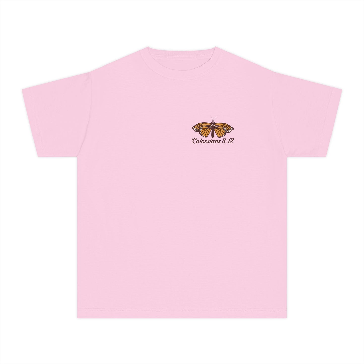 Youth Tee — Colossians 3:12 Butterfly Floral Inspirational Tee