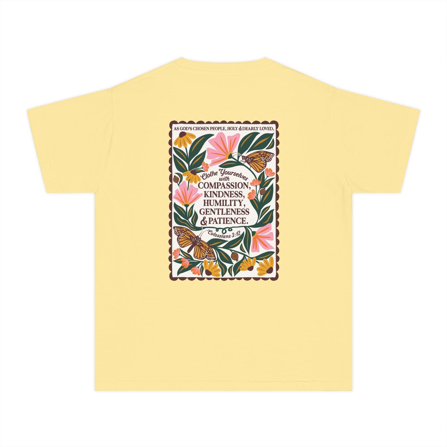 Youth Tee — Colossians 3:12 Butterfly Floral Inspirational Tee