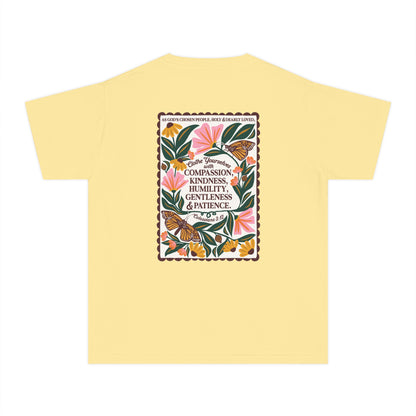 Youth Tee — Colossians 3:12 Butterfly Floral Inspirational Tee