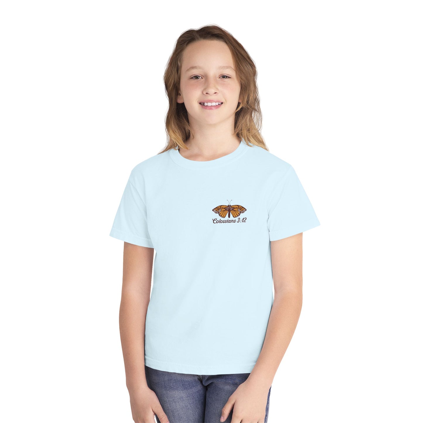 Youth Tee — Colossians 3:12 Butterfly Blue Florals Inspirational Tee