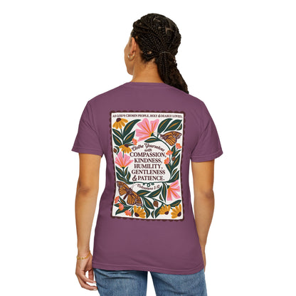 Scripture Butterfly T-Shirt — Colossians 3:12 Inspirational Floral Tee