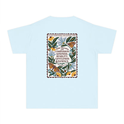 Youth Tee — Colossians 3:12 Butterfly Blue Florals Inspirational Tee
