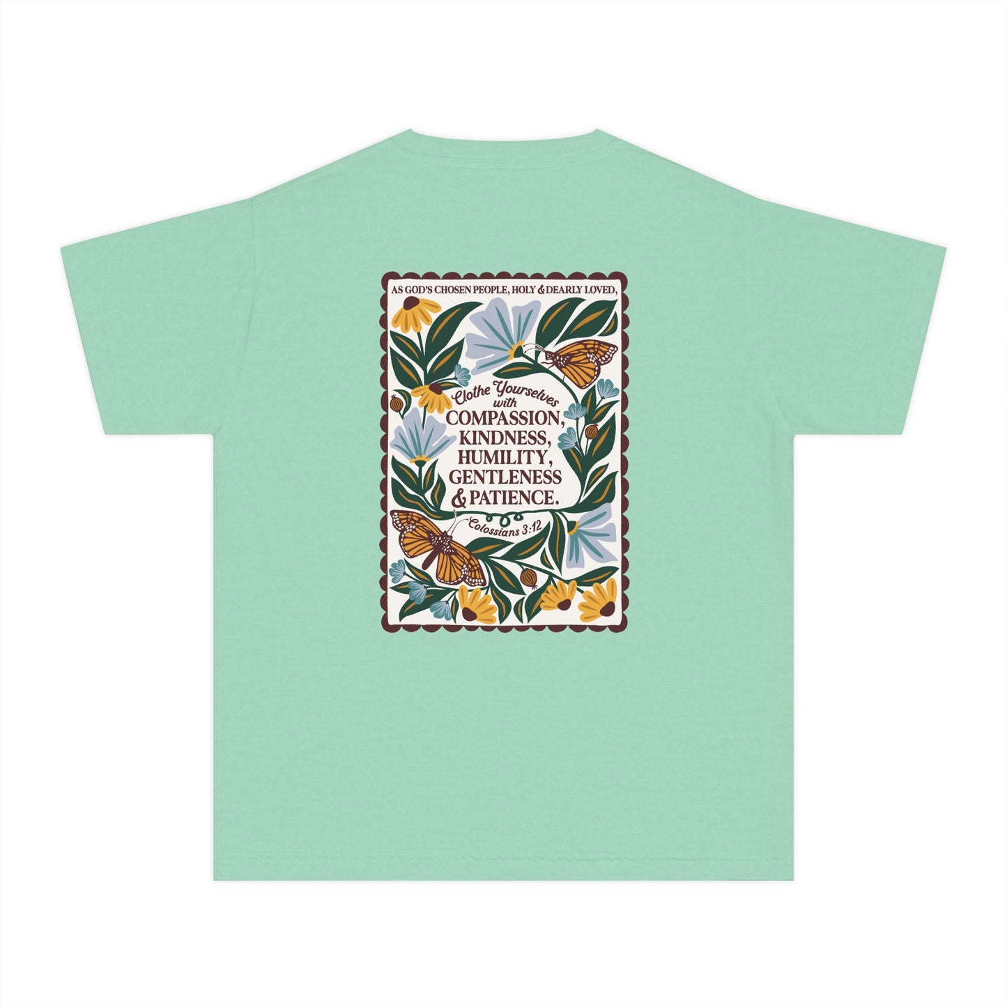 Youth Tee — Colossians 3:12 Butterfly Blue Florals Inspirational Tee