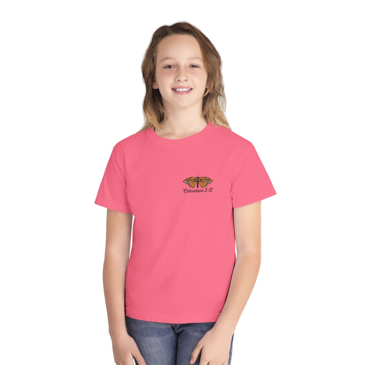 Youth Tee — Colossians 3:12 Butterfly Floral Inspirational Tee