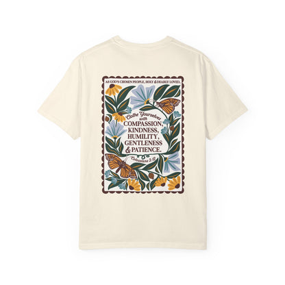 Scripture Butterfly T-Shirt — Colossians 3:12 Inspirational Blue Florals Tee