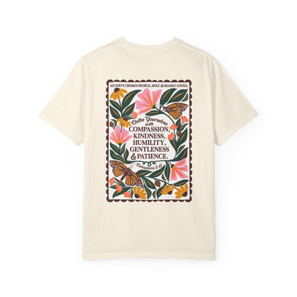 Scripture Butterfly T-Shirt — Colossians 3:12 Inspirational Floral Tee