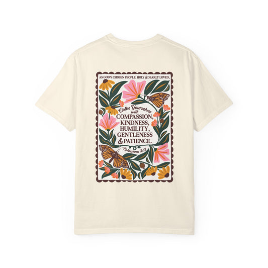 Scripture Butterfly T-Shirt — Colossians 3:12 Inspirational Floral Tee