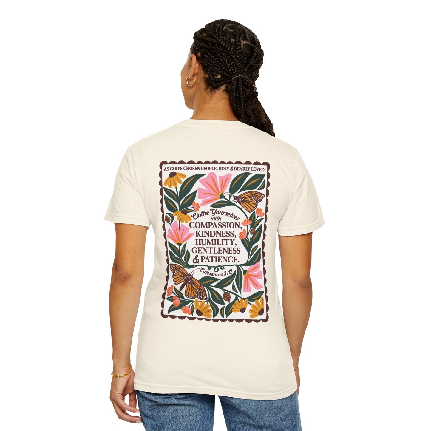 Scripture Butterfly T-Shirt — Colossians 3:12 Inspirational Floral Tee