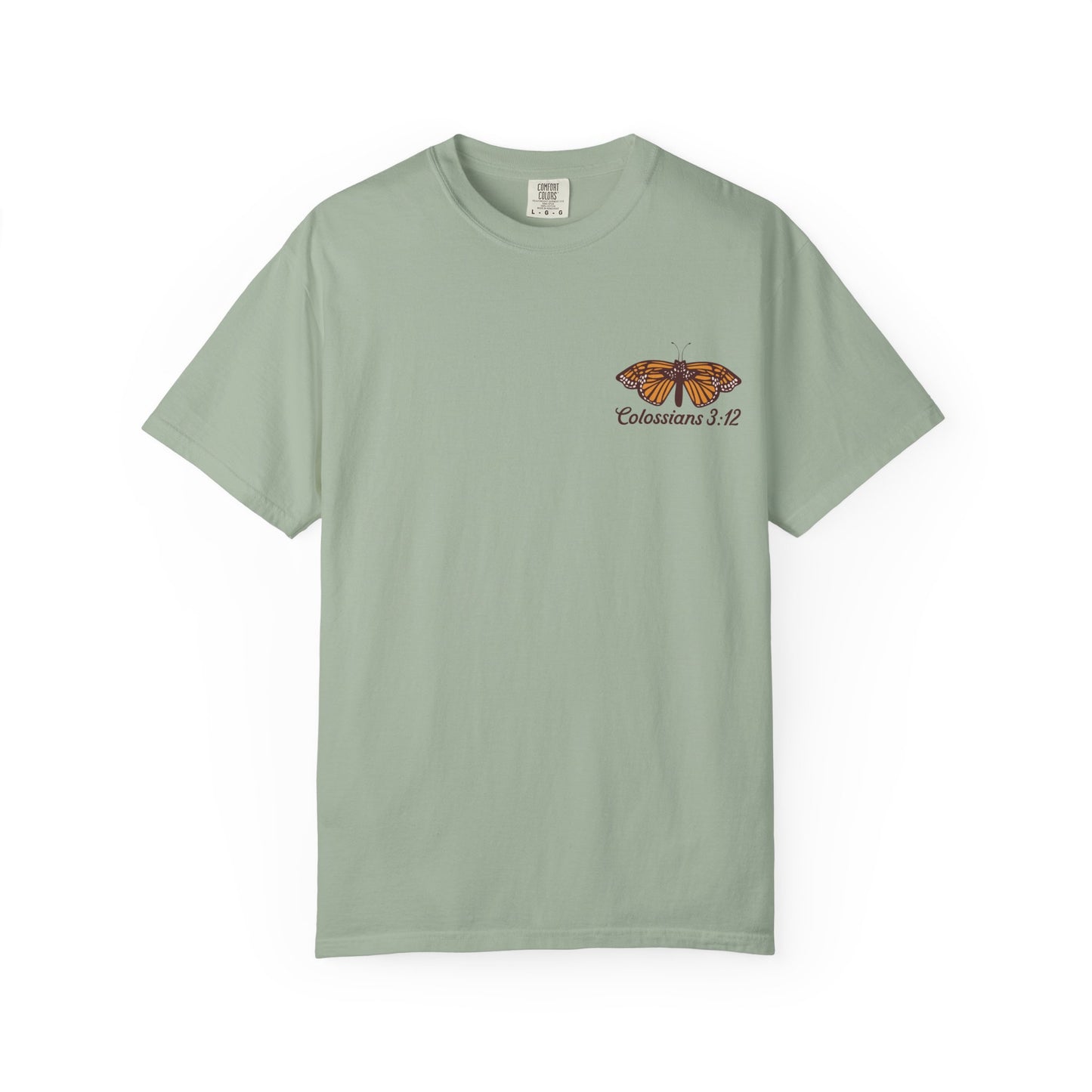 Scripture Butterfly T-Shirt — Colossians 3:12 Inspirational Blue Florals Tee