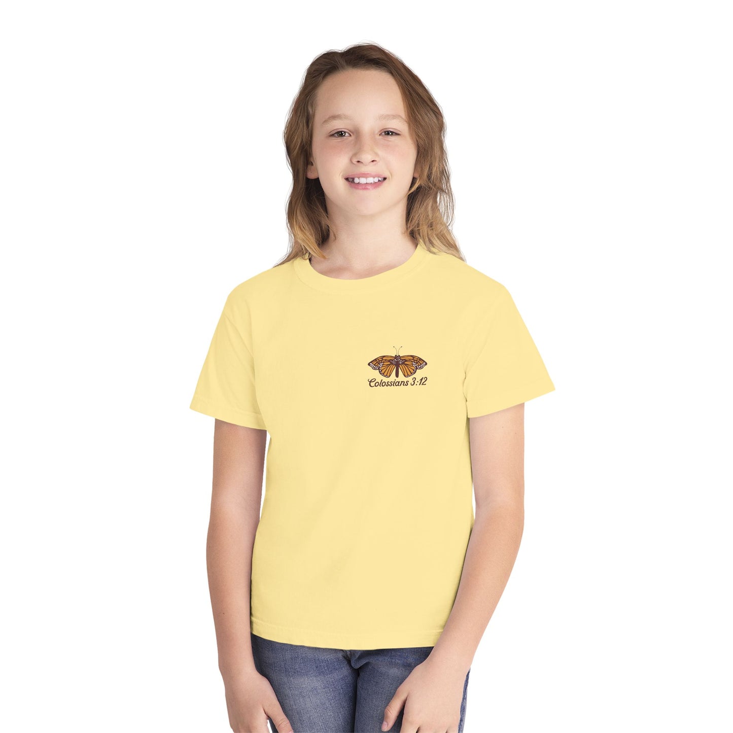 Youth Tee — Colossians 3:12 Butterfly Floral Inspirational Tee