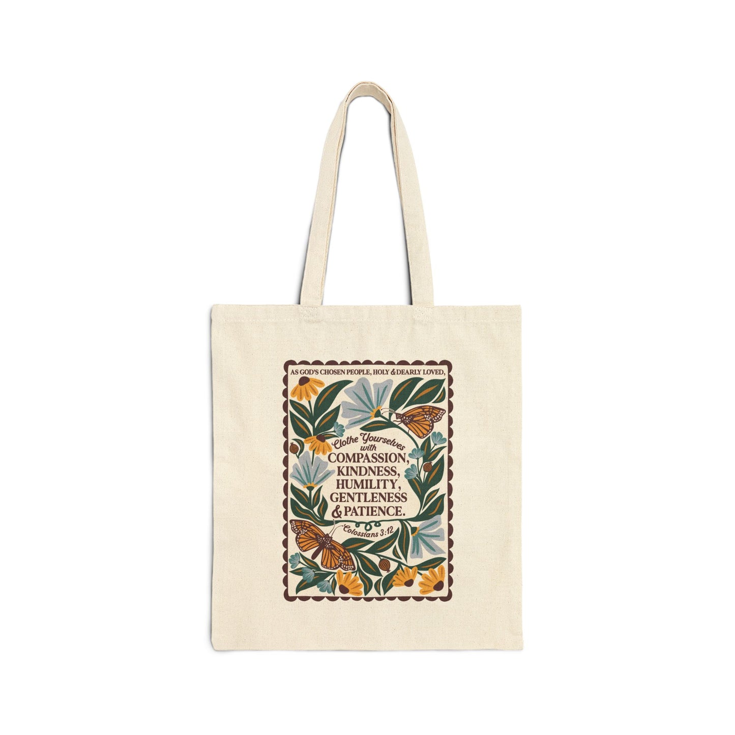 Scriptural Butterfly Colossians 3:12 Blue Florals Canvas Tote Bag