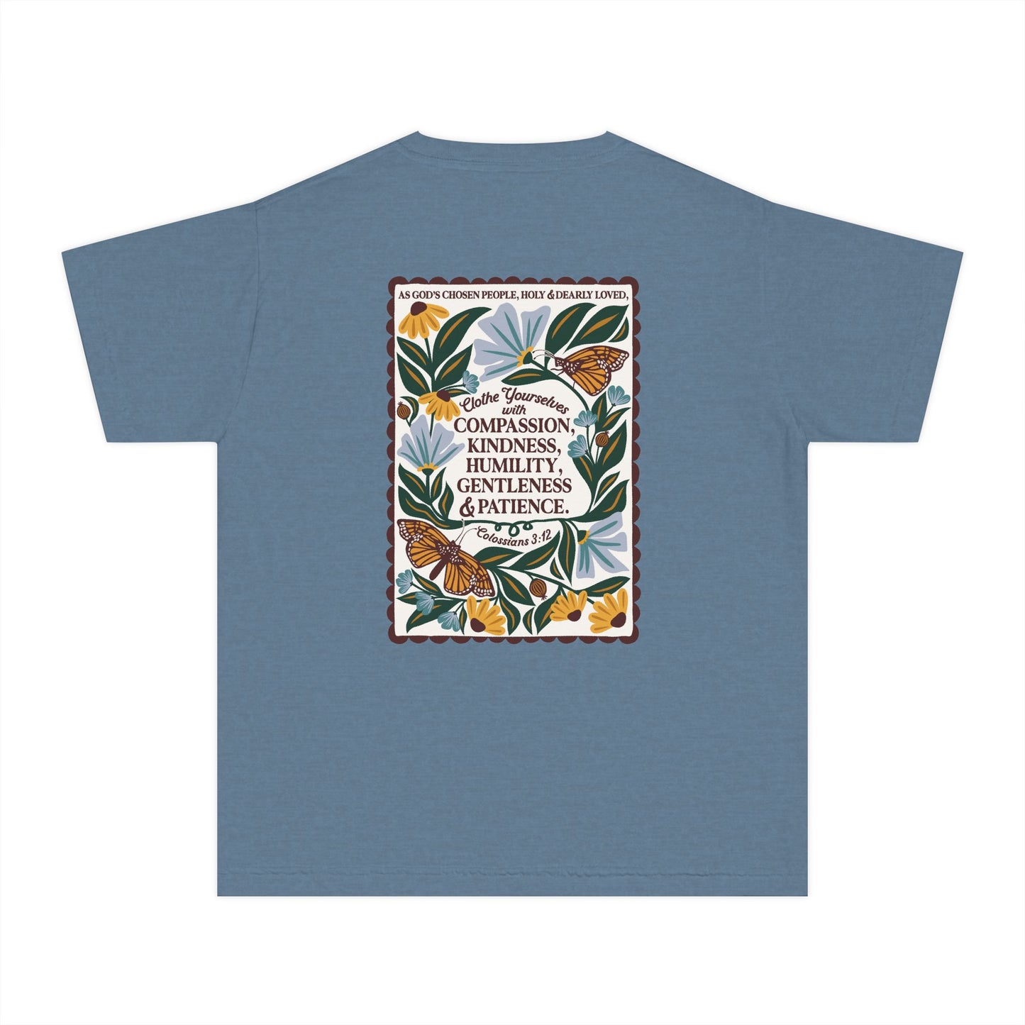 Youth Tee — Colossians 3:12 Butterfly Blue Florals Inspirational Tee