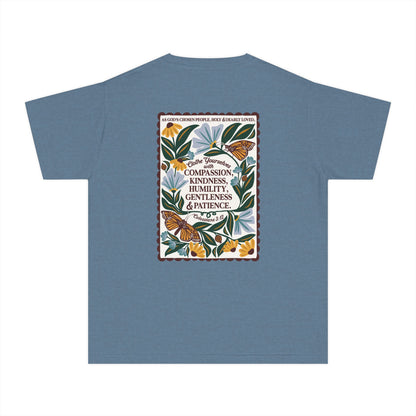Youth Tee — Colossians 3:12 Butterfly Blue Florals Inspirational Tee