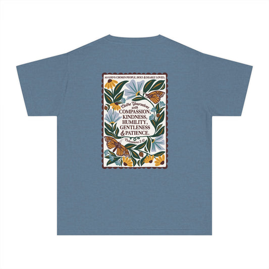 Youth Tee — Colossians 3:12 Butterfly Blue Florals Inspirational Tee
