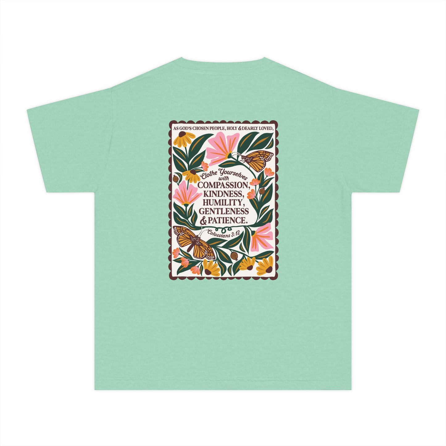 Youth Tee — Colossians 3:12 Butterfly Floral Inspirational Tee