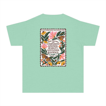 Youth Tee — Colossians 3:12 Butterfly Floral Inspirational Tee