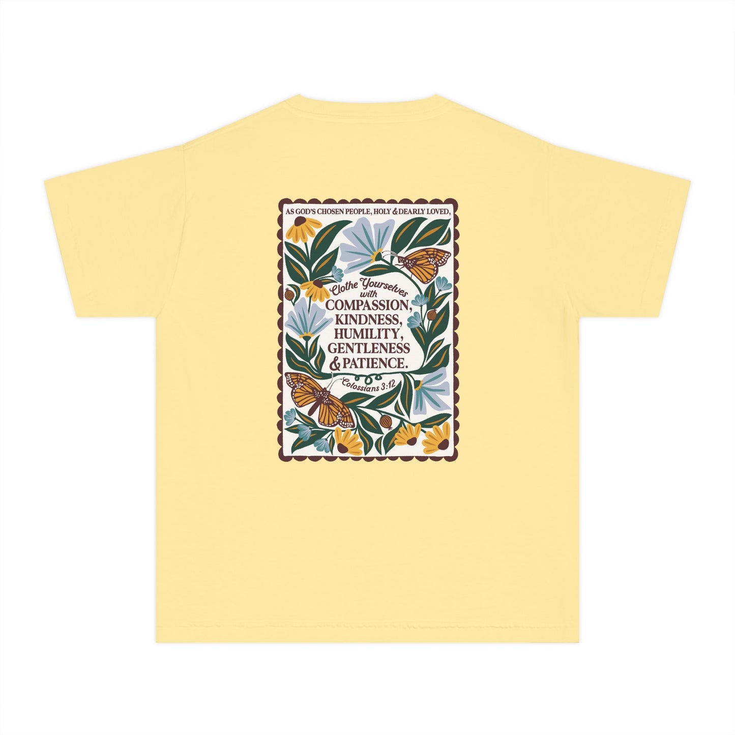 Youth Tee — Colossians 3:12 Butterfly Blue Florals Inspirational Tee
