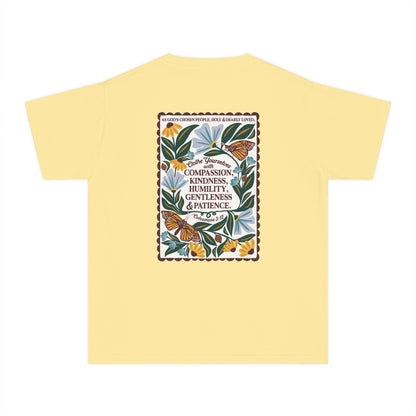 Youth Tee — Colossians 3:12 Butterfly Blue Florals Inspirational Tee