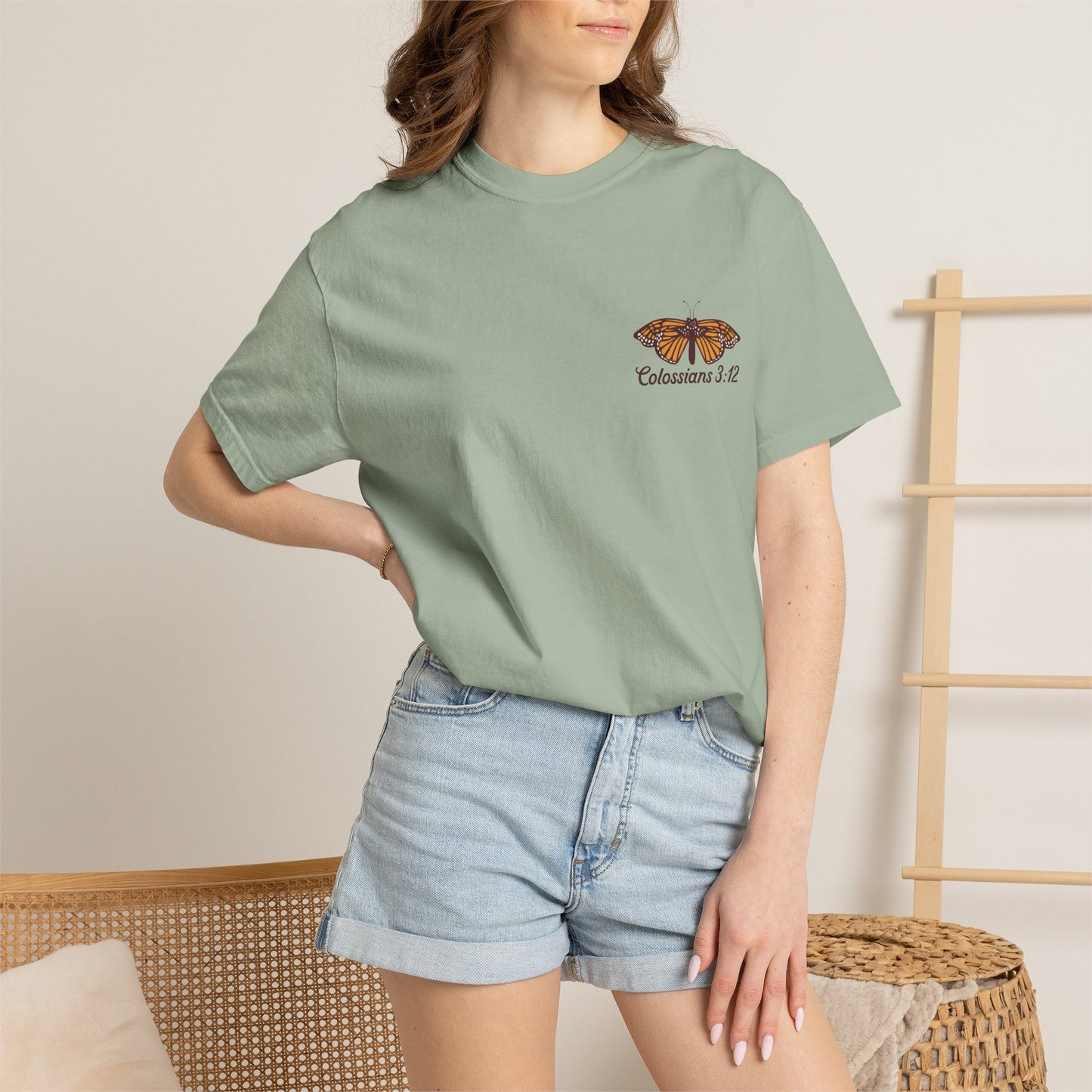 Scripture Butterfly T-Shirt — Colossians 3:12 Inspirational Blue Florals Tee