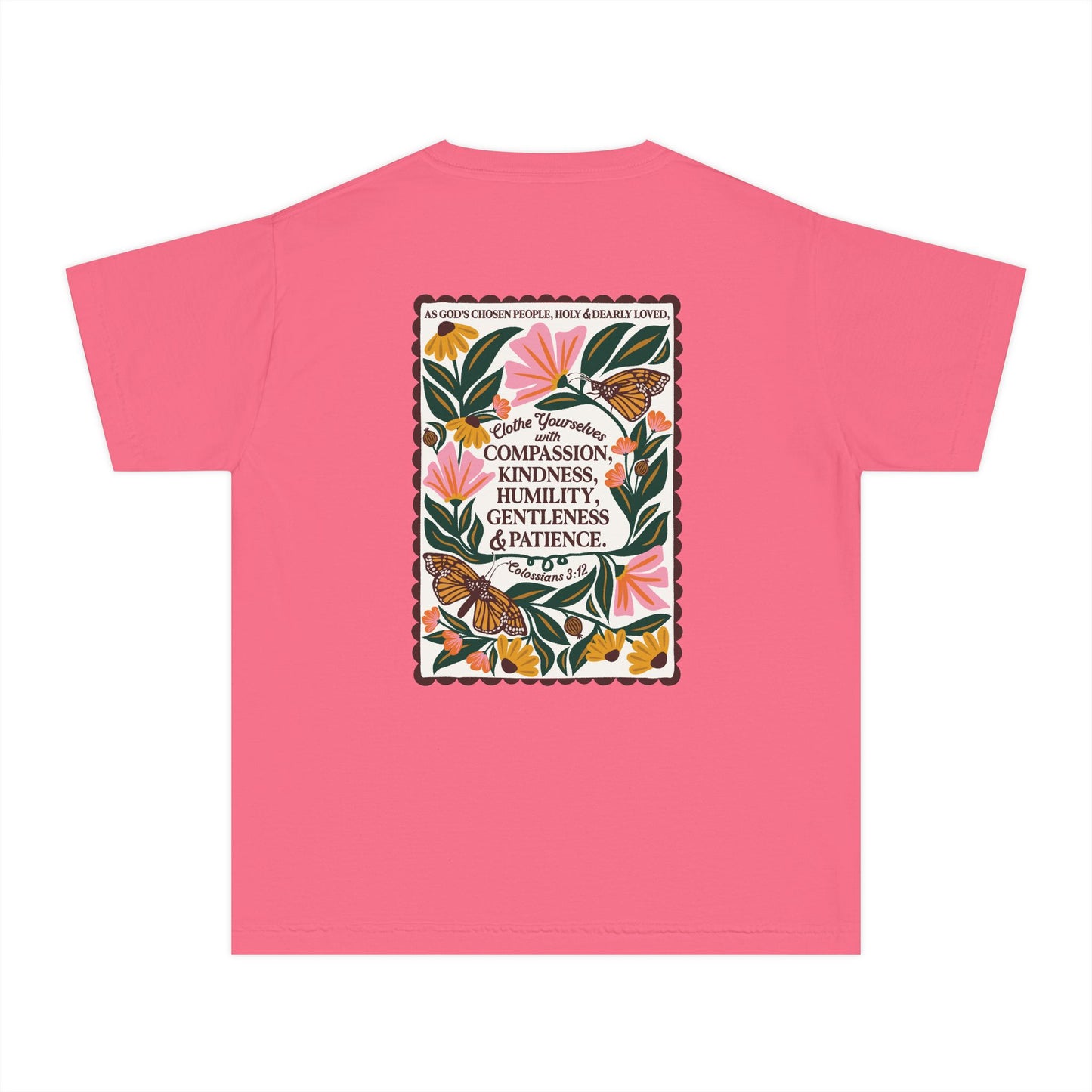 Youth Tee — Colossians 3:12 Butterfly Floral Inspirational Tee