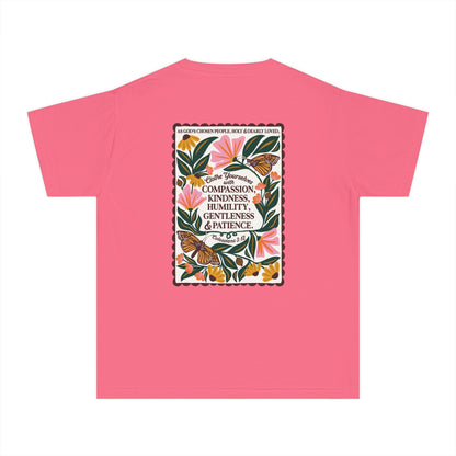 Youth Tee — Colossians 3:12 Butterfly Floral Inspirational Tee