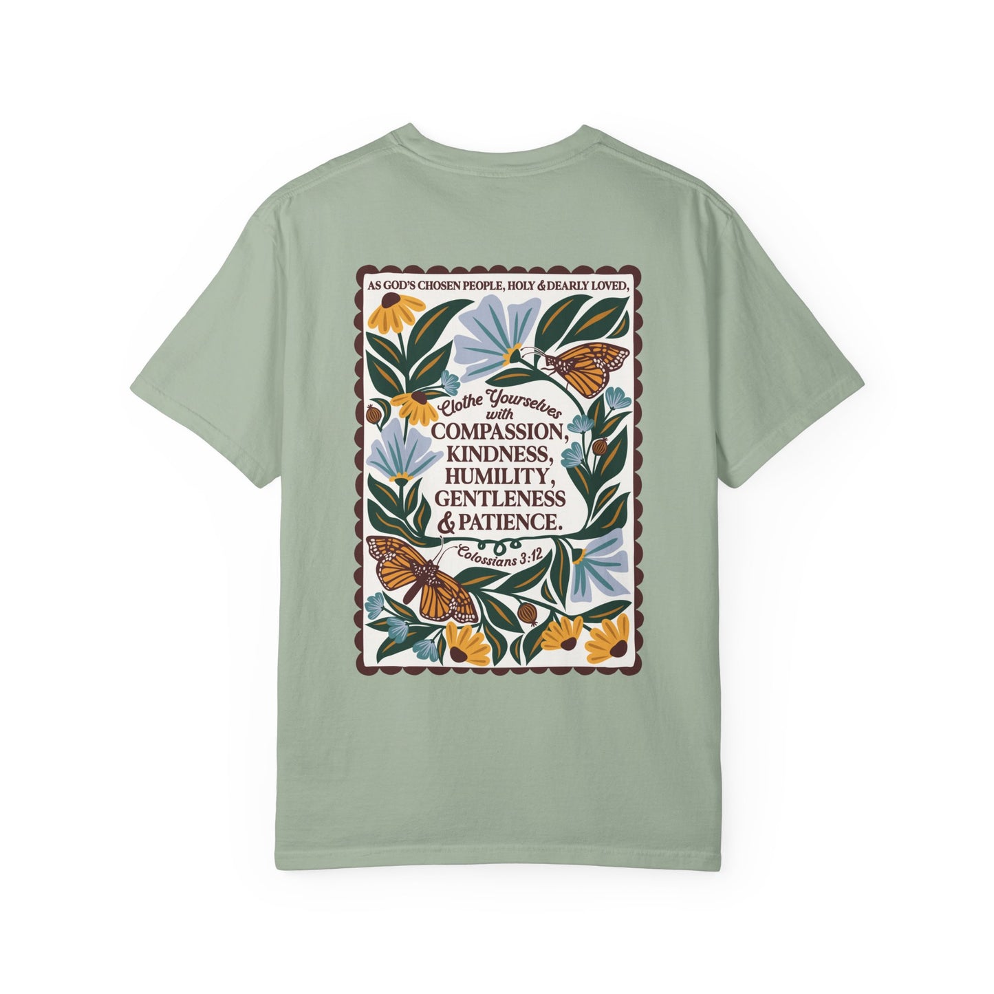 Scripture Butterfly T-Shirt — Colossians 3:12 Inspirational Blue Florals Tee