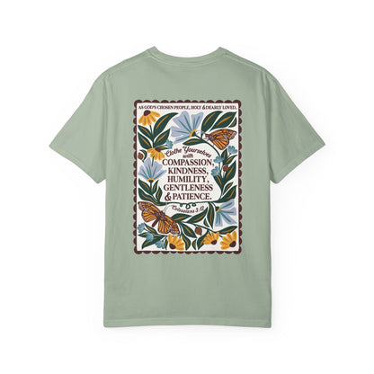 Scripture Butterfly T-Shirt — Colossians 3:12 Inspirational Blue Florals Tee