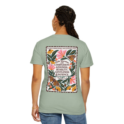 Scripture Butterfly T-Shirt — Colossians 3:12 Inspirational Floral Tee