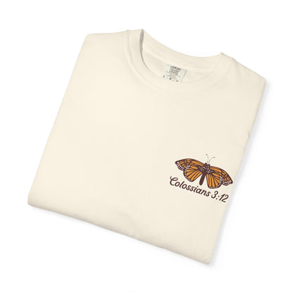 Scripture Butterfly T-Shirt — Colossians 3:12 Inspirational Blue Florals Tee