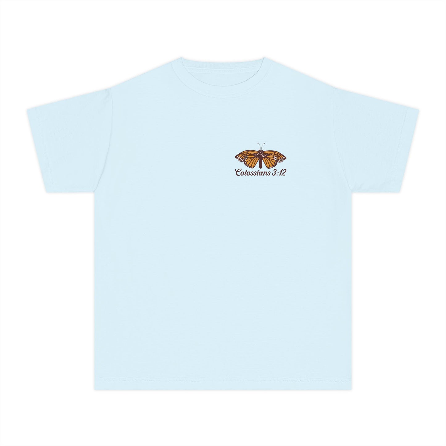 Youth Tee — Colossians 3:12 Butterfly Blue Florals Inspirational Tee